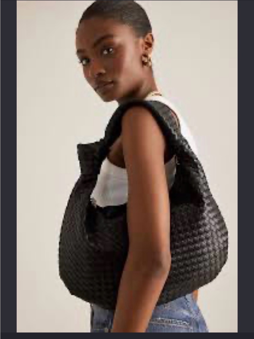 Melie Bianco Brigitte Bag. Textured Woven Hobo Shoulder Bag - Black